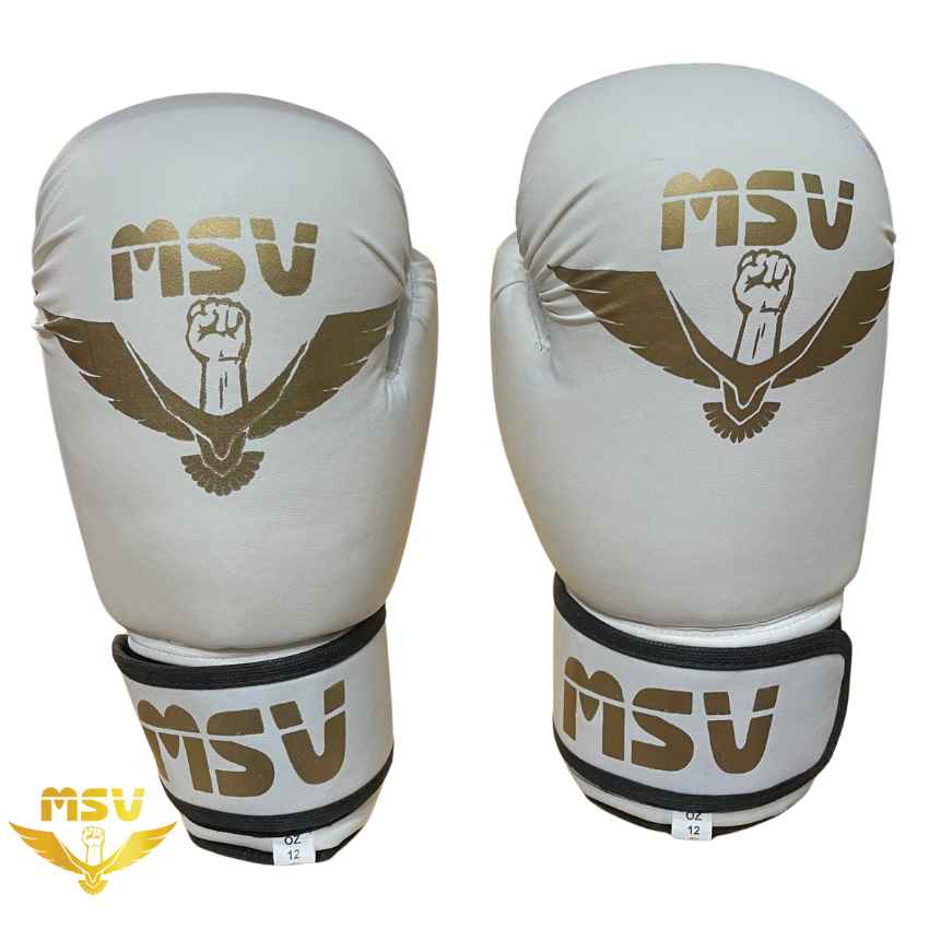دستکش بوکس msv فوم اعلا سفید با طرح طلایی هر دو پشت
