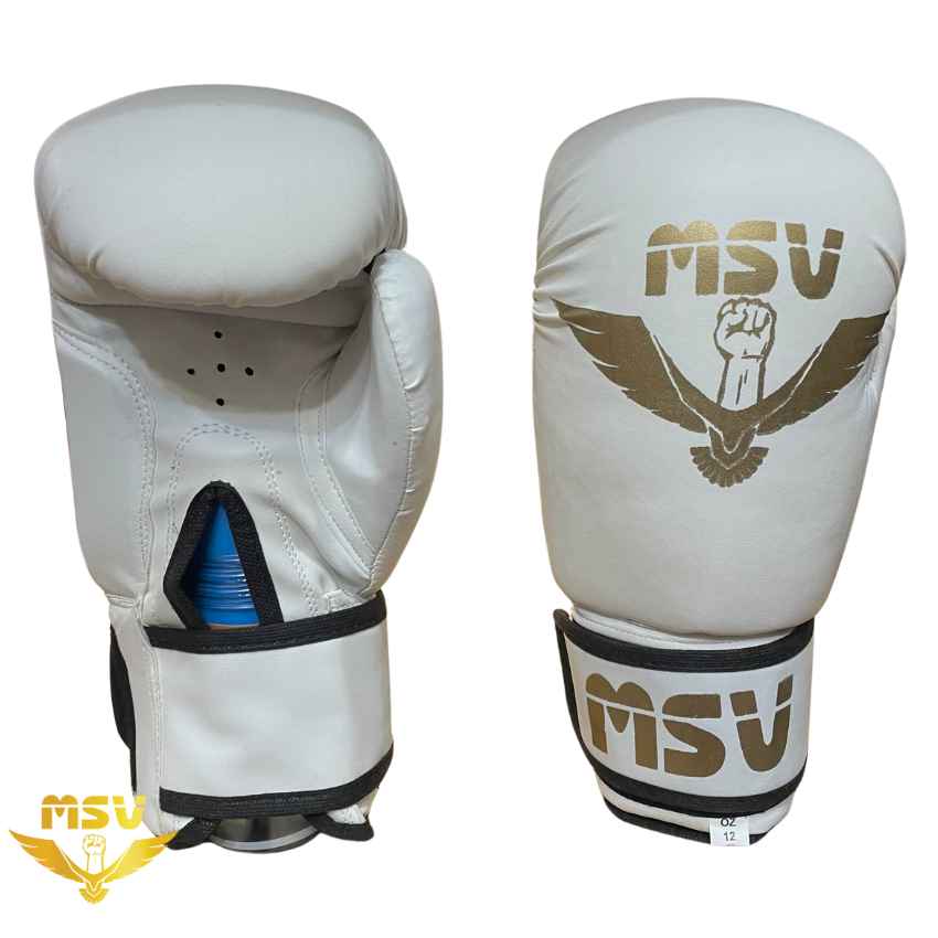 دستکش بوکس msv فوم اعلا سفید با طرح طلایی پشات و رو