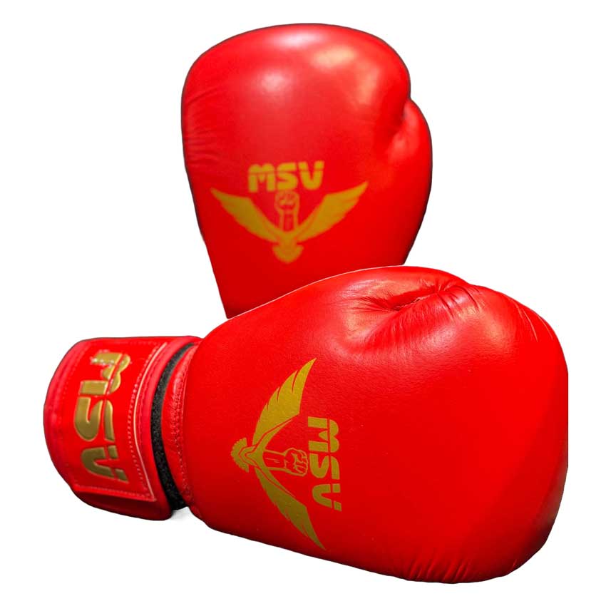 دستکش بوکس چرم گاومیش مسابقه‌ای سر گرد MSV قرمز کنار دستکش