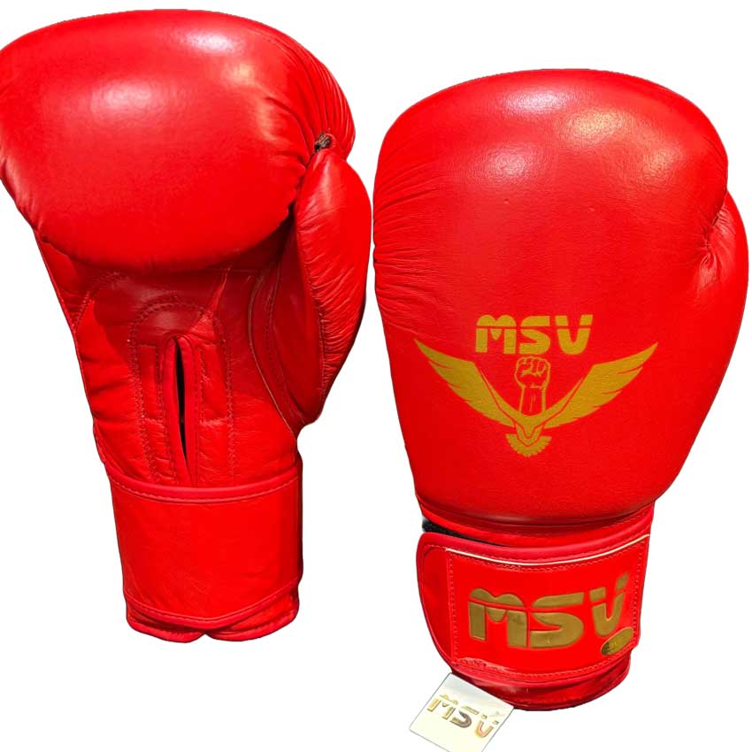 دستکش بوکس چرم گاومیش مسابقه‌ای سر گرد MSV قرمز پشت و روی دستکش