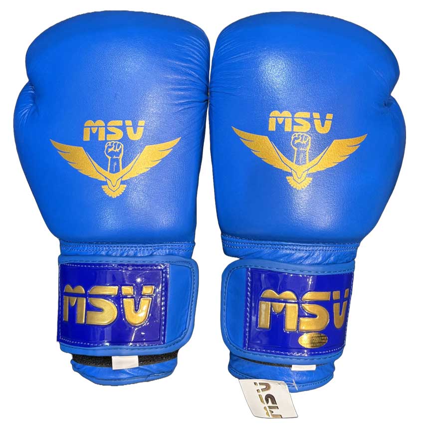 دستکش بوکس چرم گاومیش مسابقه‌ای سر گرد MSV آبی