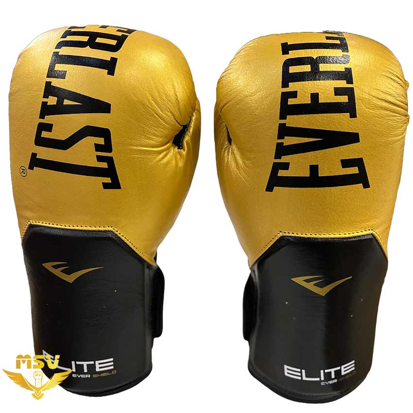 دستکش چرم بوکس اورلست everlast طلایی مشکی روی دستکش