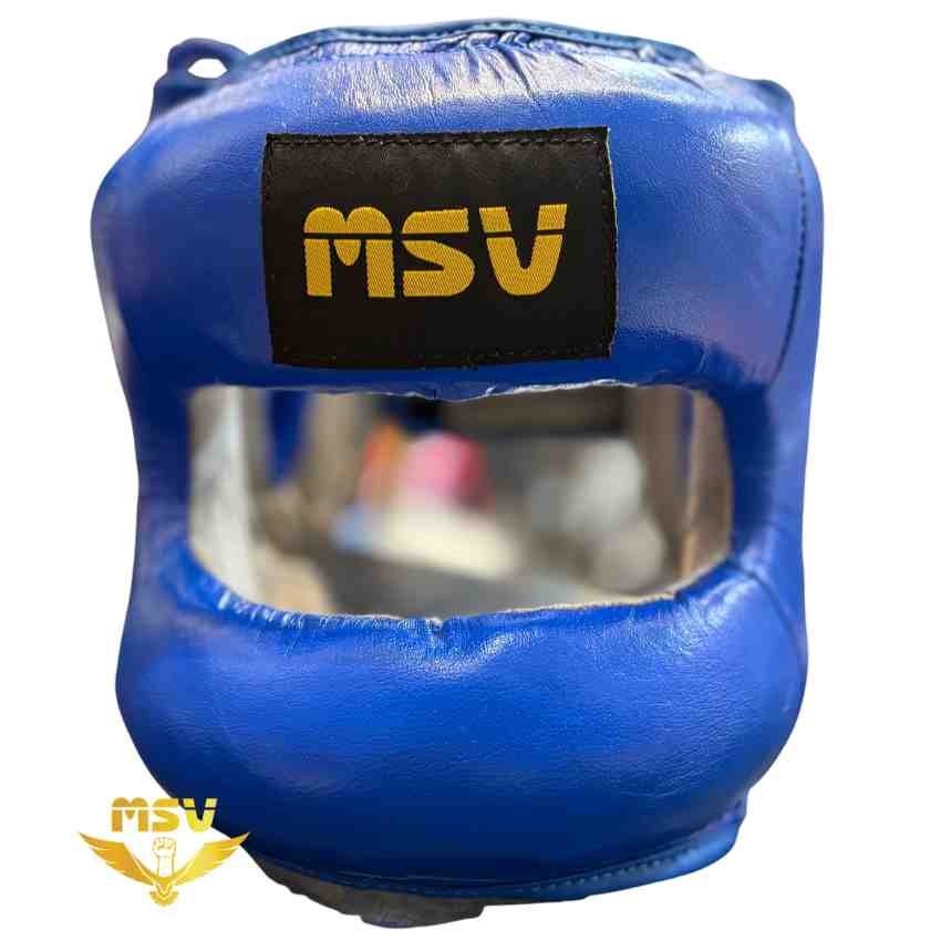 کلاه بوکس و رزمی چرم ام اس وی _ MSV آتل دار داخل مخمل آبی از روبرو