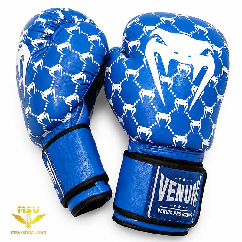 دستکش بوکس چرم طبیعی ونوم VENUM آبی رو و کنار دستکش بوکس با کیفیت بوکس