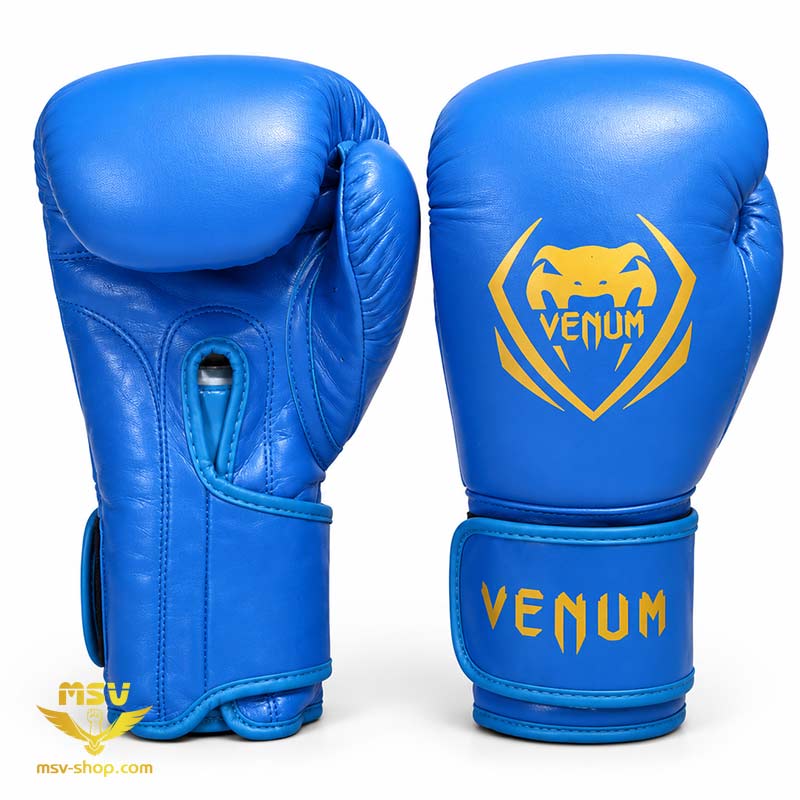 دستکش بوکس ونوم VENUM حرفه‌ای چرم گاومیش آبی پشت و رو